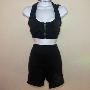 killstar brand hooded mesh sports bra with matching mesh side panel shorts